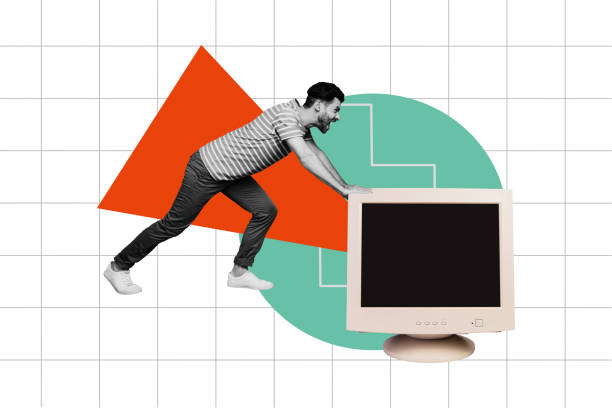 istock Sketch image composite artwork 3D photo collage of young hardworking office manager guy push move huge old retro computer monitor 2196622648