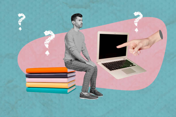 istock Creative picture collage sitting man question mark puzzled man laptop stack books brainstorming education concept drawing background 2196622736