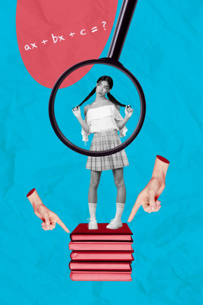 istock Vertical picture collage standing young girl playful student learner book stack magnifying loop glass pointing arms fingers 2196625662