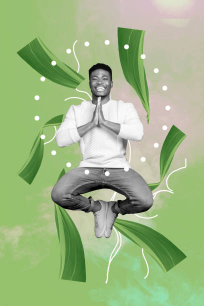 istock Vertical collage young smiling man hands gesture pleading pray meditating harmony asana chakra mental retreat drawing green background 2196627937