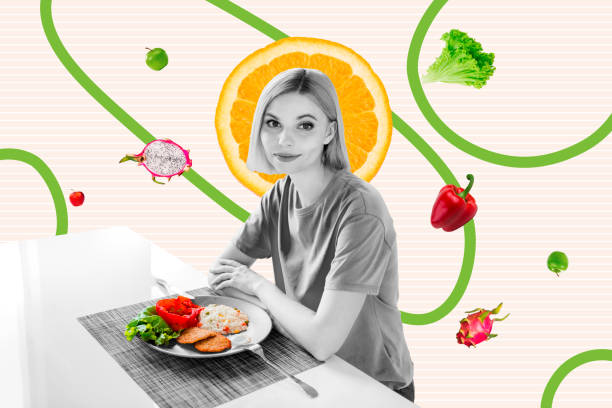 istock 3d retro abstract creative artwork template collage of young female sit table eat healthy food nutrition diet weird freak bizarre unusual 2196628343
