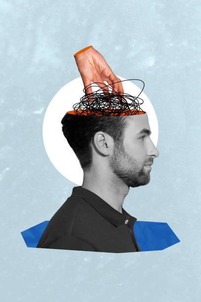 Vertical collage poster young man half head brain control psychedelic concept mass media authority control mind opinion power