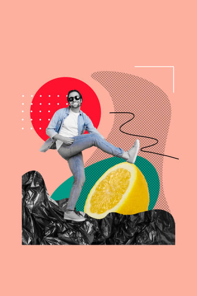 istock Vertical photo collage young funky man sunglass smile step lemon citrus fruit polluted nature junkyard trash rubbish drawing background 2196628713