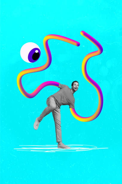 istock Vertical creative photo collage young funky smiling man weird psychedelic concept hands espionage eyeball peek drawing doodles 2196628717