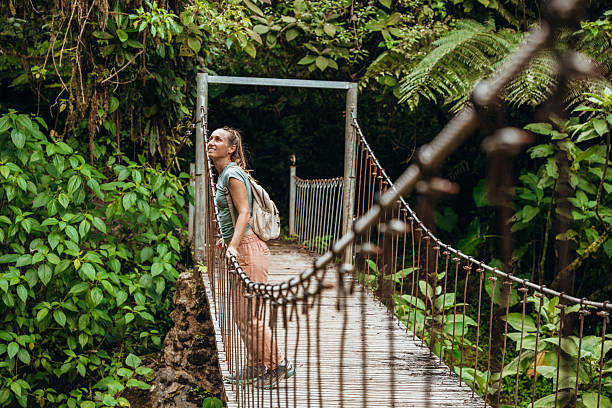 Woman Exploring Jungle Suspension Bridge