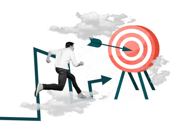 istock Collage running young ambitious man direction arrow hit target center archery accomplish goal achieve aim motivation clouds background 2196629962