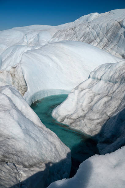 Vertical landscape with a turquoise river inside the Greenland Ice Sheet during an expedition with amazing ice formation, Kangerlussuaq area, Greenland