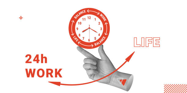 istock Hand holding clock with work-life balance cycle, representing time management and lifestyle choices. Corporate efficiency, productivity training. Minimalist art collage 2196636119