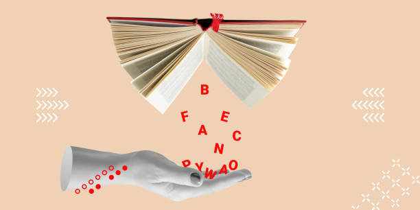 Knowledge, training, obtaining information concept. Red letters spill out of a book into a palm of hand. Minimalist art collage.