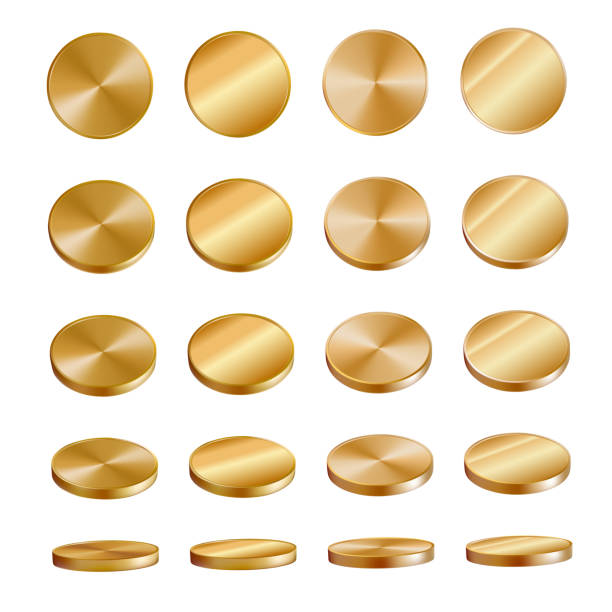 istock Golden coins realistic rotate set. Animation vector front, side view fly. 3d money game casino cash rain. Jackpot spin png render. Gamble slot trophy. Empty circle medal mockup. Trophy perspective 2196640375
