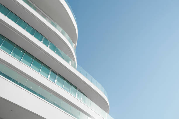 Closeup new modern apartment building, Sydney Australia, sky background with copy space, full frame horizontal composition