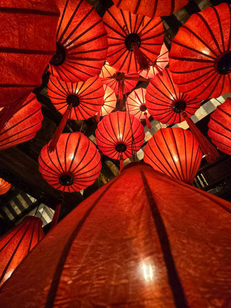 istock Hanging red paper lantern chandelier 2196649405