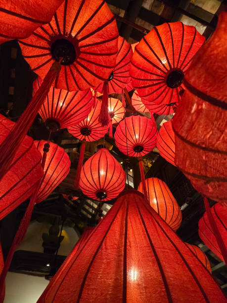 istock Hanging red paper lantern chandelier 2196651800