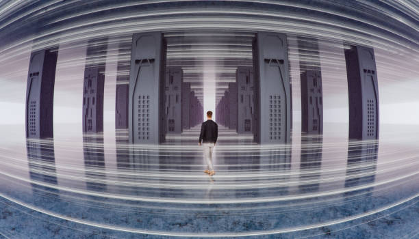 istock Young casual man walking in futuristic corridor 2196652161