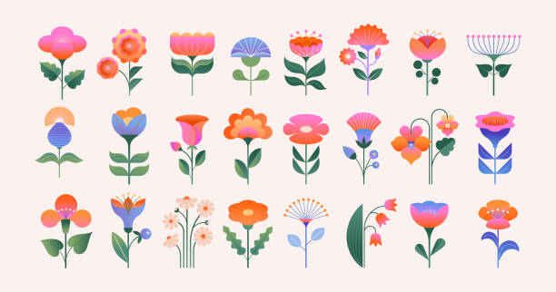 Pastel colors blooming flowers and leaves icons in folk geometric style. Spring, Easter, Summer theme. Flat vector illustration