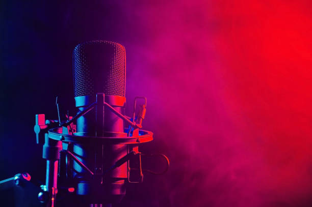 istock Professional microphone in pink smoke on a black background. 2196660928