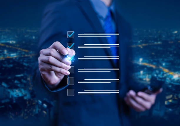 istock Online survey for business people using laptops, business performance survey concept, DMS document management system, performance appraisal. 2196663568