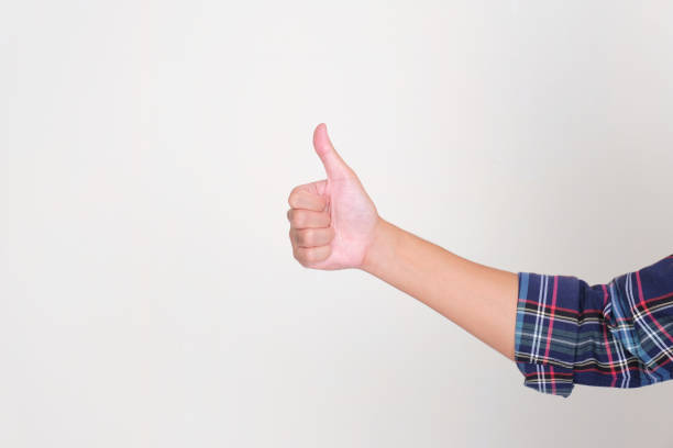Person hand give thumb up isolated white background