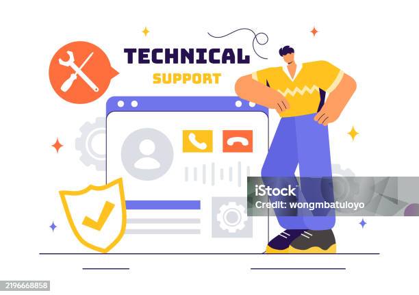 Vector Illustration Of A Technical Support System Featuring Software ...
