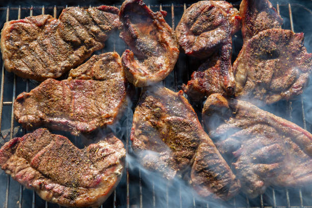 Charcoal barbecue with juicy pork pieces.