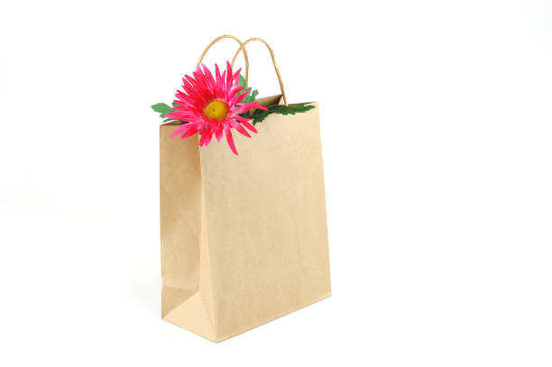close up on brown recycle paper gift bag with red flower