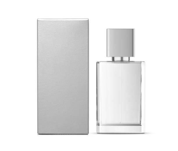 Packaging box with transparent glass perfume bottle mockup on isolated white background, perfume and box for your design presentation, 3d illustration