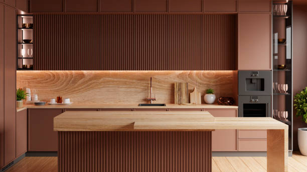 kitchen room interior in brown mocha mousse 2025 color with modern decoration - 3D rendering