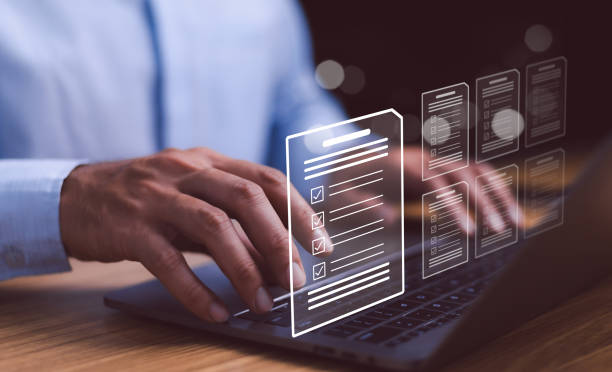 istock Businessman typing on laptop with online document validation icon, Concept of practices and policy 2196677972