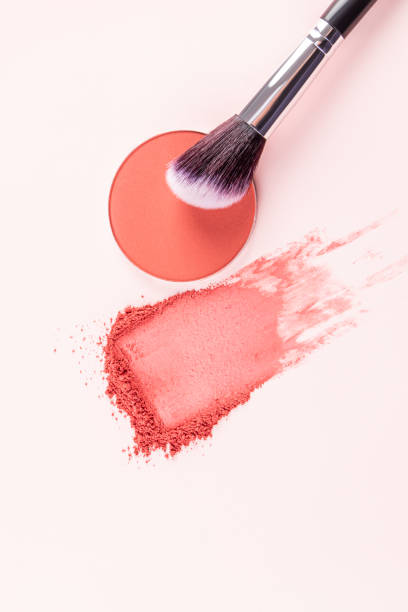 istock Round block refill pink blush, dry blush stroke, professional makeup brush on light background. vertical top view. A copy space. Decorative cosmetics 2196686536