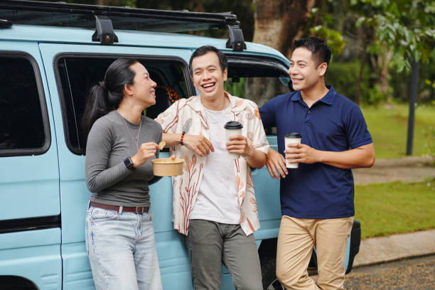 istock Happy Friends Resting After Journey 2196691622