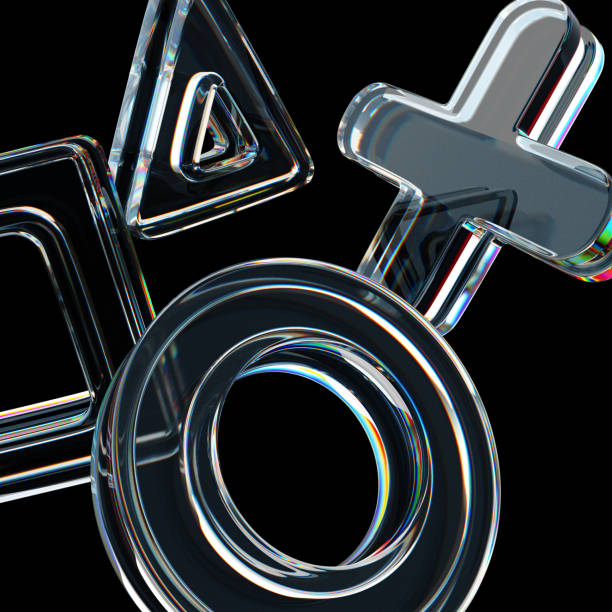 istock 3d glass transparent game buttons on neon black background render. Abstract dynamic tech banner with crystal square, triangle, circle, cross shapes of video game controller or gamepad 2196693105