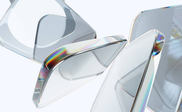 istock 3d glass transparent square shapes on gray background. Abstract render geometric rectangle plates with neon light refraction in prism. Digital tech banner with glossy clear objects 2196693120