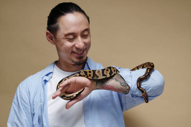 istock Smiling Man Holding Snake on His Arm 2196693385