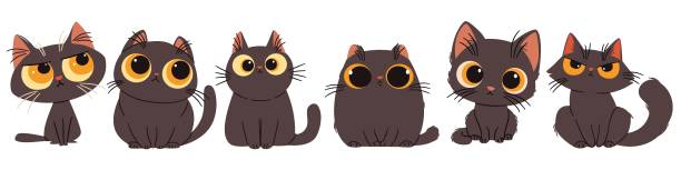 Print A set of flat vector illustrations in a simple children's style. Cute black cats with big eyes with different emotions angry cat silhouette stock illustrations