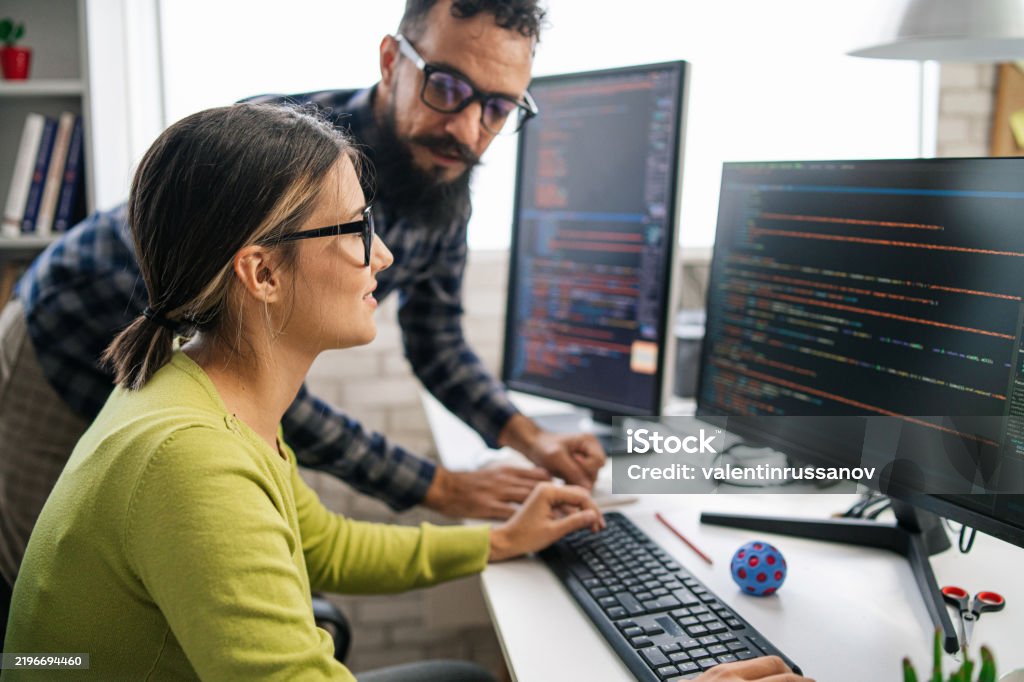 Couple Software Engineer Developer Use Computer Work On Program Coding ...