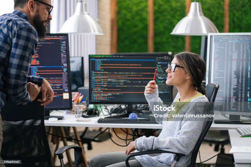 Couple Software Engineer Developer Use Computer Work On Program Coding ...