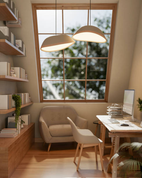 istock The interior design of a cozy contemporary home office workspace features a computer desk and decor. 2196696344