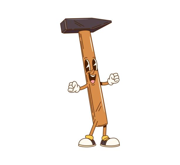 Cartoon groovy hammer character, DIY construction or repair tool, vector carpentry mallet. Funky groovy hammer laughing with funny face for carpentry and DIY construction tool cartoon character
