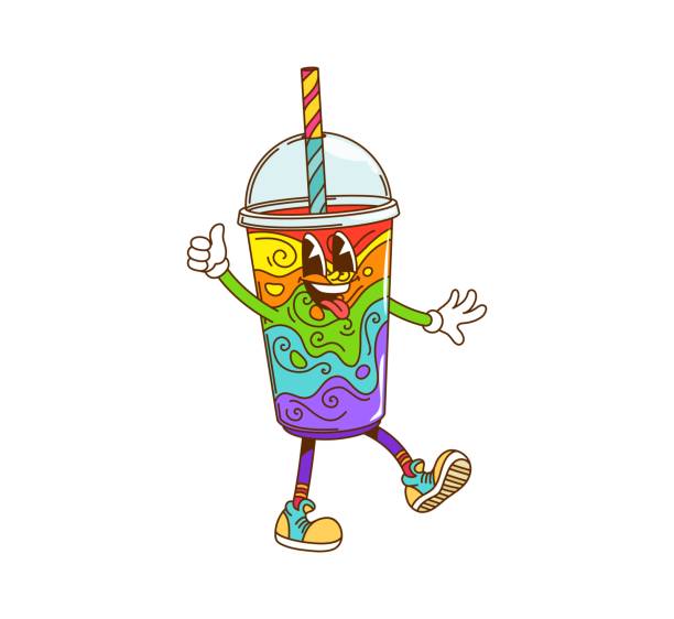 Retro cartoon groovy hippie slushy fast food drink with funny face, vector character. Groovy slushy cup with psychedelic rainbow drink and funky tongue out smile for freaky hippie fast food character