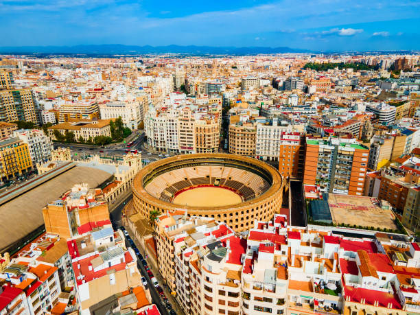 Plaza de Toros de Valencia or Plaza de bous aerial panoramic view. It is a bullring in Valencia city, Spain.