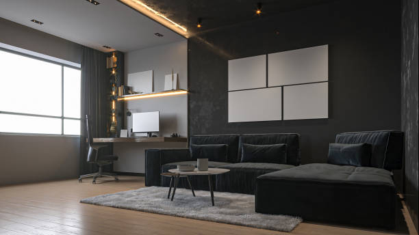istock Modern Minimalist Living Room Interior with Black Accent Wall and Home Office Space 2196704775