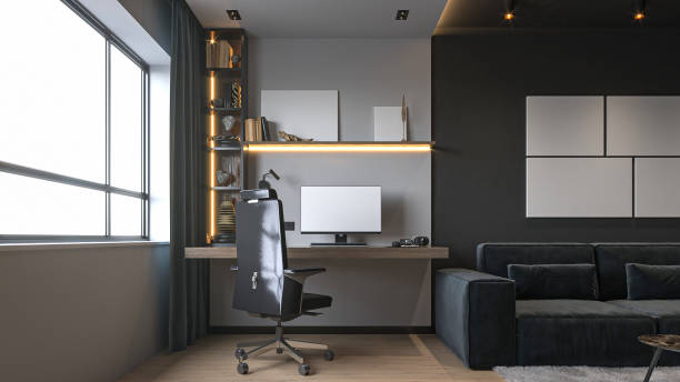 istock Modern Home Office Interior with Dark Walls, Desk, and Comfortable Chair 2196704776