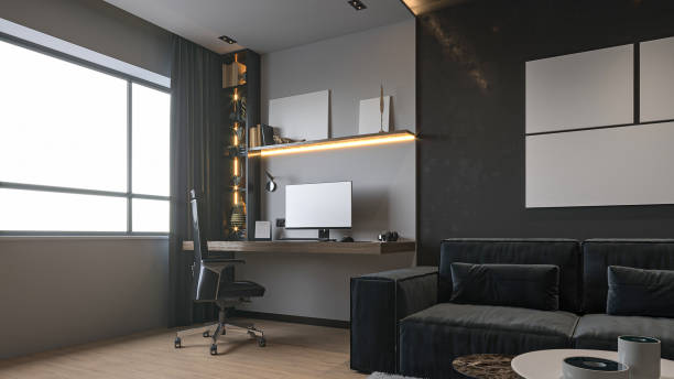 istock Modern Home Office with Sofa and Dark Accents 2196704779