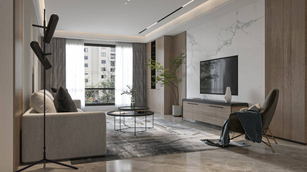 istock Modern Living Room with Marble Accent Wall and Floor-to-Ceiling Windows 2196704842
