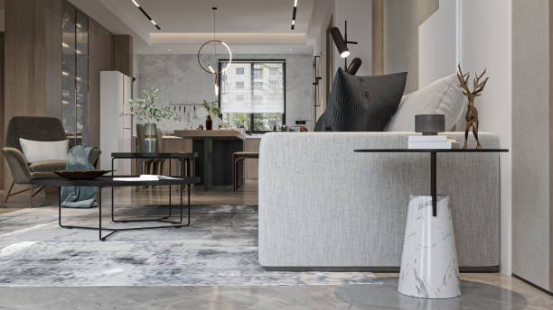 istock Contemporary Open Plan Living Room Interior with Grey Sofa, Marble Side Table, and Modern Decor 2196704843