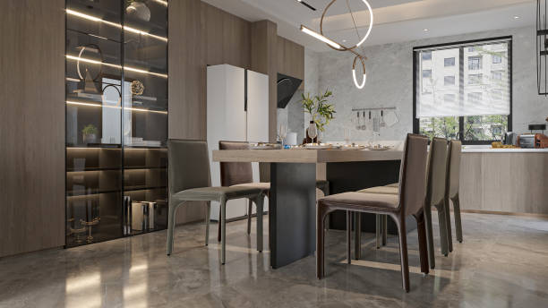 istock Modern Open-Concept Kitchen and Dining Room with Geometric Pendant Light 2196704855