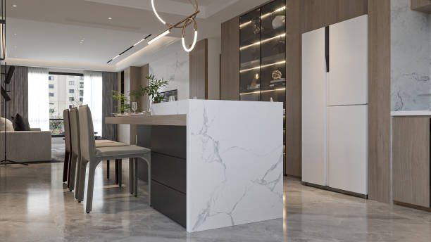 istock Modern Kitchen Island with Marble Countertop and Bar Stools 2196704881