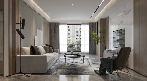 istock Modern Living Room Interior with Grey Sofa, Black Coffee Tables and Marble Wall 2196704890