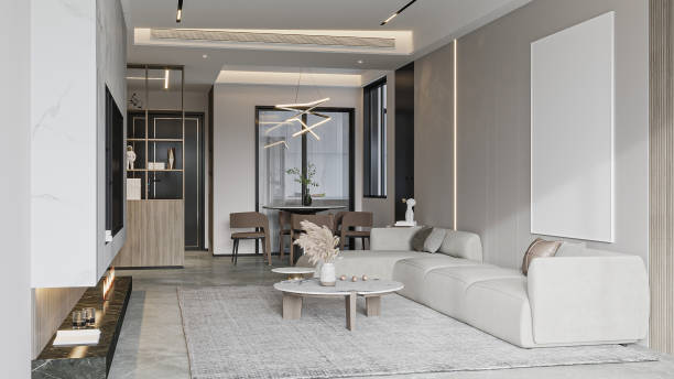 istock Modern Minimalist Living Room with Sectional Sofa and Dining Area 2196705148