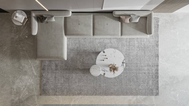 istock Modern Minimalist Living Room with Sectional Sofa and Marble Coffee Tables (Aerial View) 2196705168